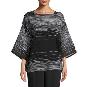 EILEEN FISHER Illusion Mesh Top Linen Blend Half Sleeve Black Boxy Lagenlook MP